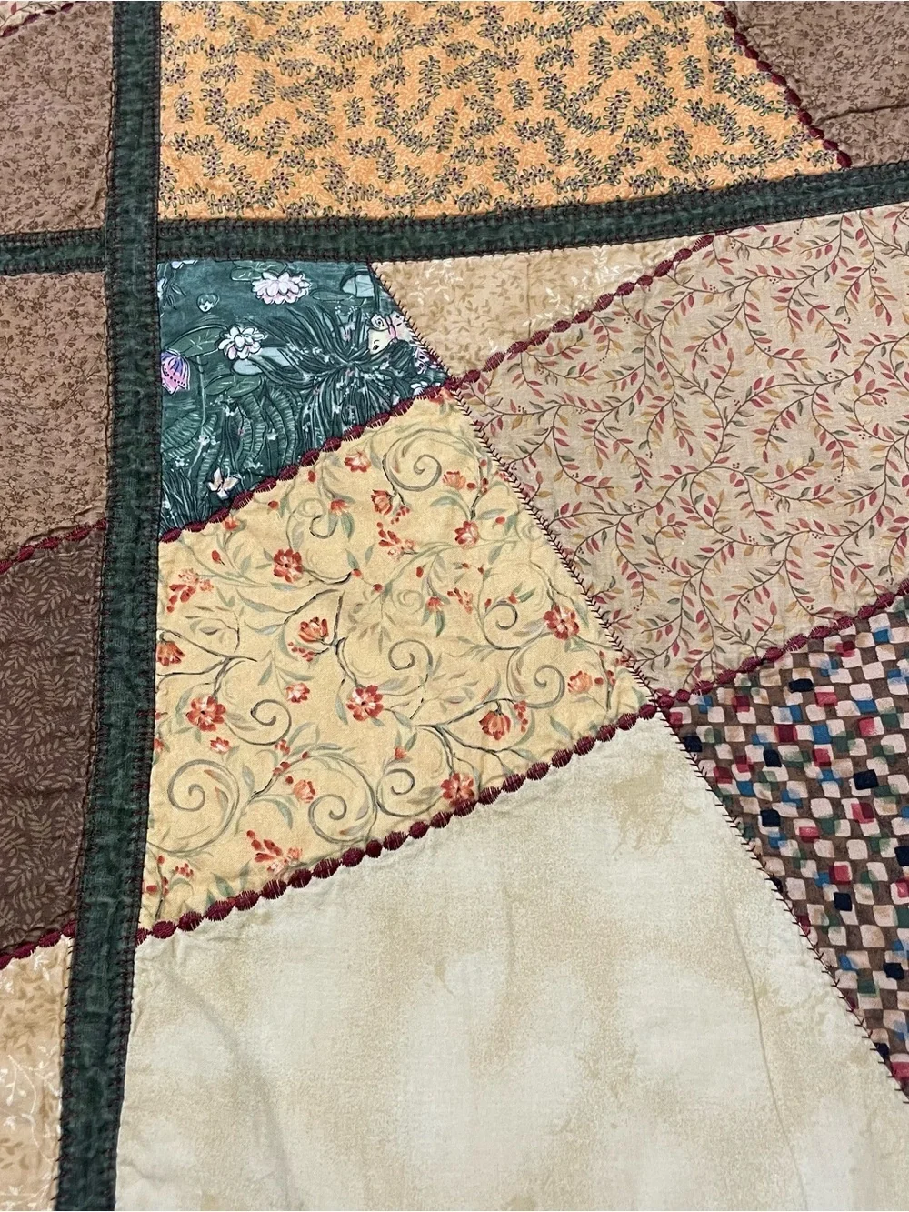 Handmade Patchwork Lap Quilt - Brown, Cream & Green with Lilly Pads